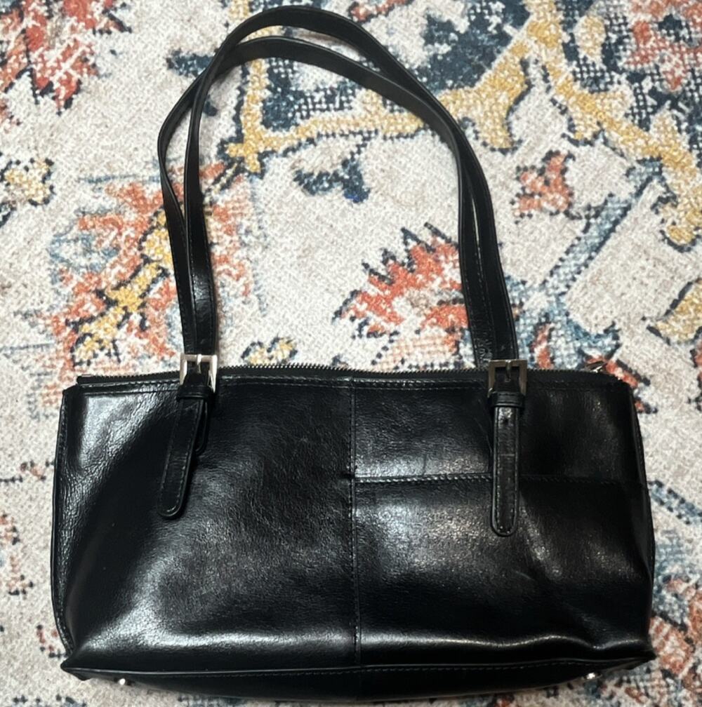 Hobo The Original Black Shoulder Bag Zip Closure Houndstooth Lining Pockets - Picture 1 of 10